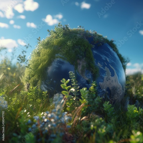 Green planet earth in the grass on sky background. Generative AI, Generative, AI