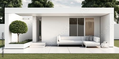 Minimalist white house in natural environment. Modern architecture and serene design. Generative AI