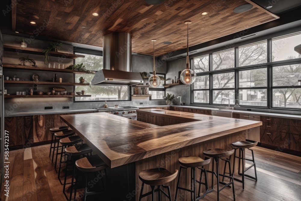 OAK PARK, IL, USA MARCH 3, 2021 A stunning kitchen with a wood slat ceiling, adjustable island, and Bertazzoni equipment. Generative AI