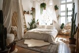 White baldachin over comfy bed in boho chic bedroom. Hygge room with potted houseplants on wooden seat in morning light. Scandi style apartment concept. Generative AI