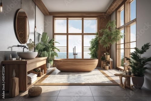 Balinese bathroom mockup near panoramic window. illustration. Scandinavian bathroom. Generative AI