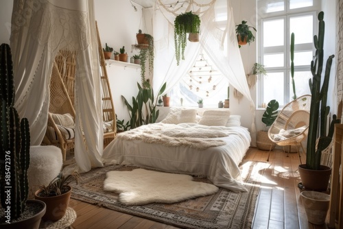 White baldachin over comfy bed in boho chic bedroom. Hygge room with potted houseplants on wooden seat in morning light. Scandi style apartment concept. Generative AI