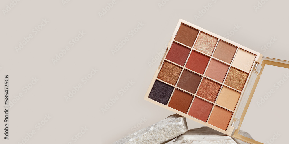 Eyeshadows palette mock up on stone stand. Beauty product cosmetic powder for make up eye, beige brown color scheme, matte and shimmer tints. Cosmetic product minimal style, banner empty space Eyeshadows palette mock up on stone stand. Beauty product cosmetic powder for make up eye, beige brown color scheme, matte and shimmer tints. Cosmetic product minimal style, banner empty space