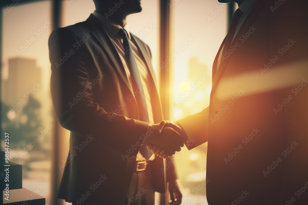 Two businessmen shaking hands in an office. Successful partnership. The background is blurred, focusing on handshake. Made with Generative AI.