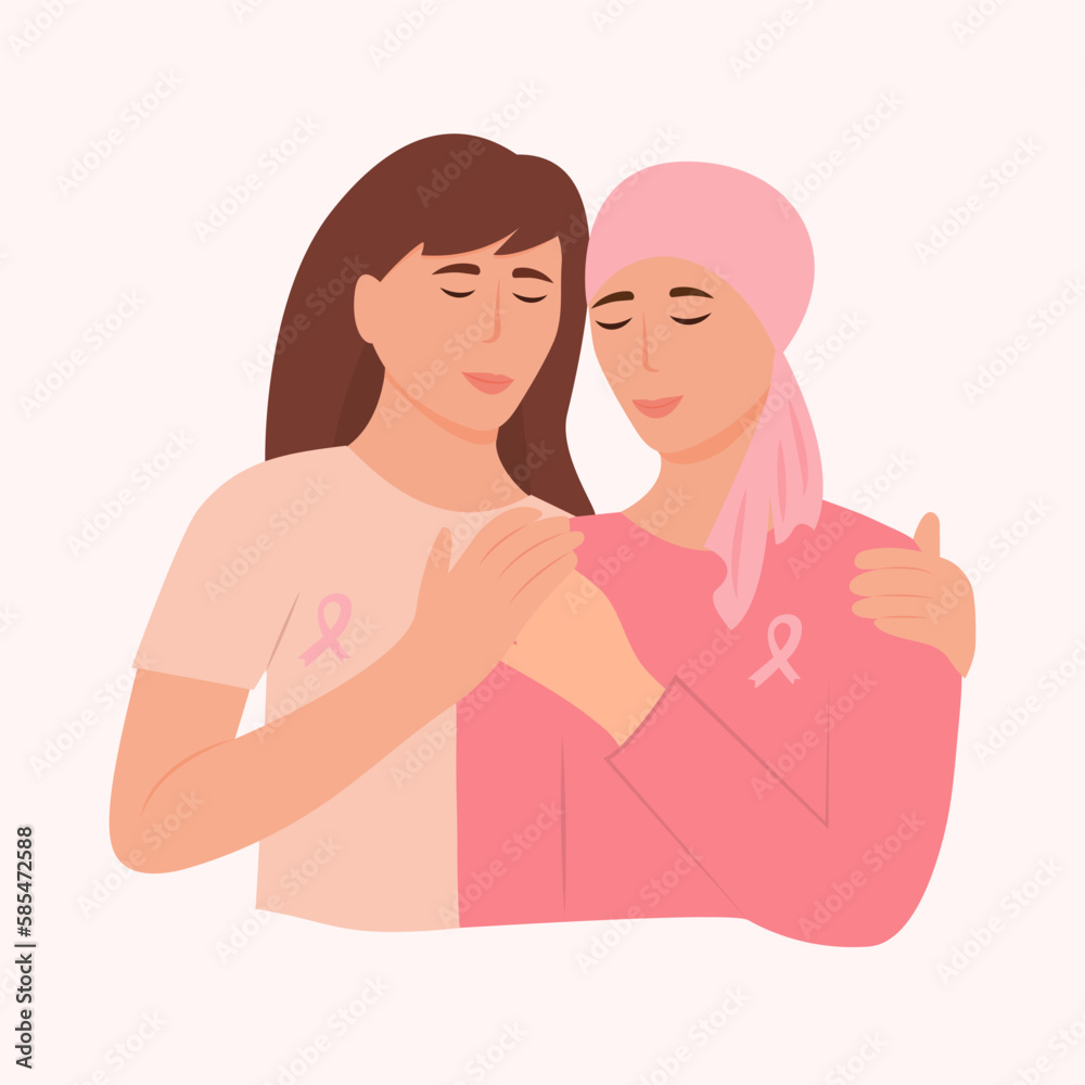 The woman embraces the sick friend. Breast Cancer awareness month concept of support and solidarity with women fighting oncological disease. Vector illustration The woman embraces the sick friend. Breast Cancer awareness month concept of support and solidarity with women fighting oncological disease. Vector illustration
