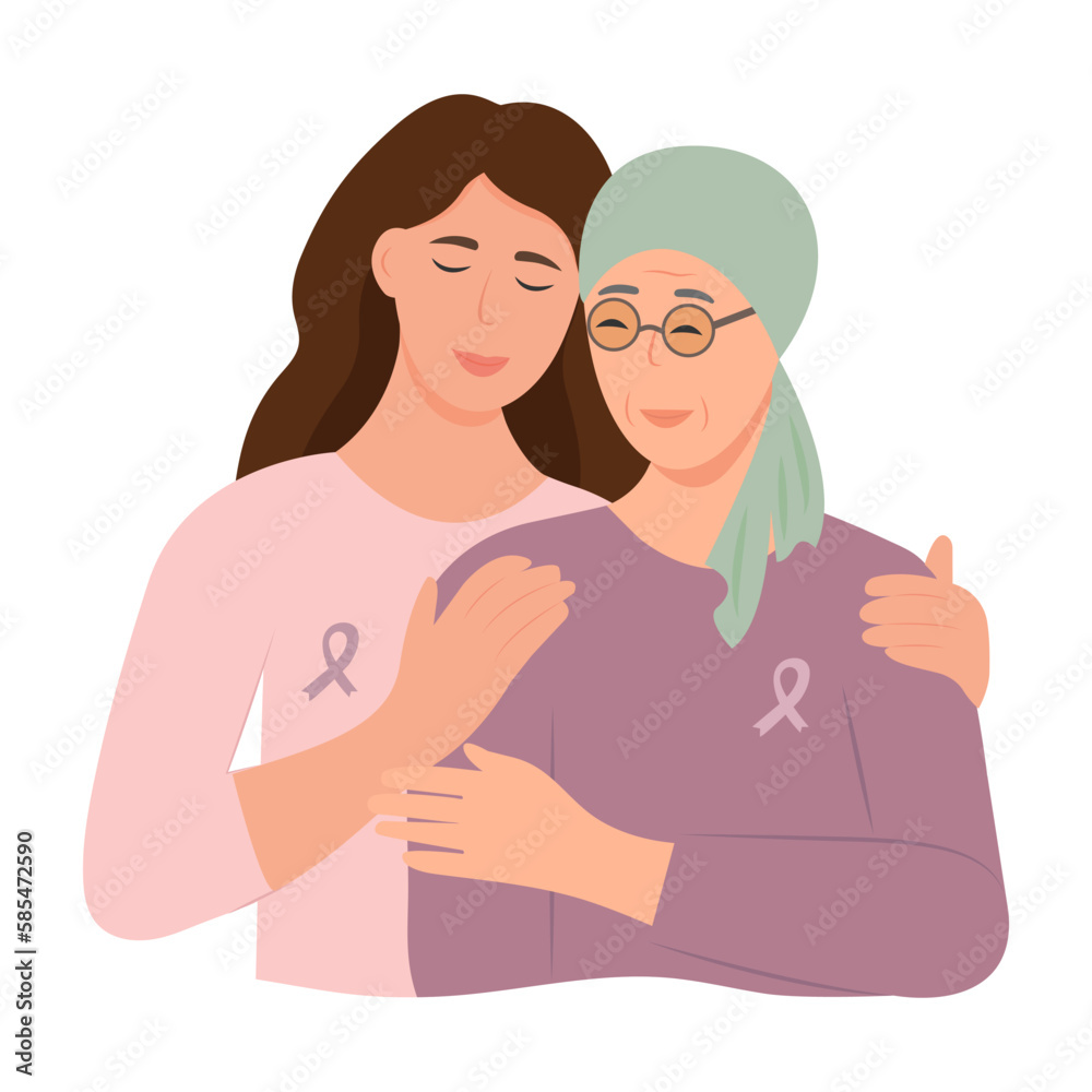The daughter embraces the sick mother. Breast Cancer awareness month concept of support and solidarity with women fighting oncological disease. Vector illustration