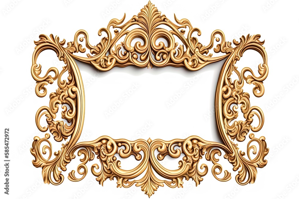 Decorative golden ornament frame on isolated white background. Golden luxury stucco 3d rendering. Decorative golden ornament frame on isolated white background. Golden luxury stucco 3d rendering.