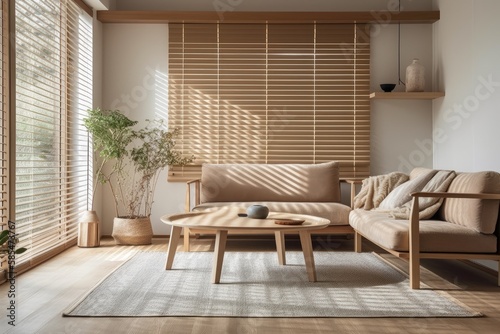 Beige toned wooden living room. Carpets, paper light, venetian blinds, and fabric couch with cushions. Japanese interiors. Generative AI photo