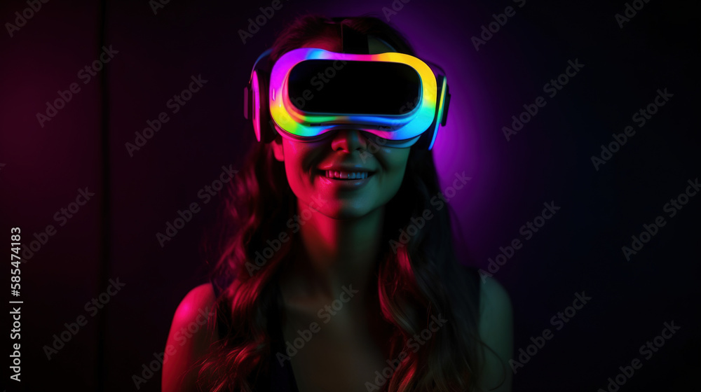 Portrait of an African-American woman in astonishment wearing a virtual reality headset. Vivid colors neon glowing HMD generative ai Portrait of an African-American woman in astonishment wearing a virtual reality headset. Vivid colors neon glowing HMD generative ai