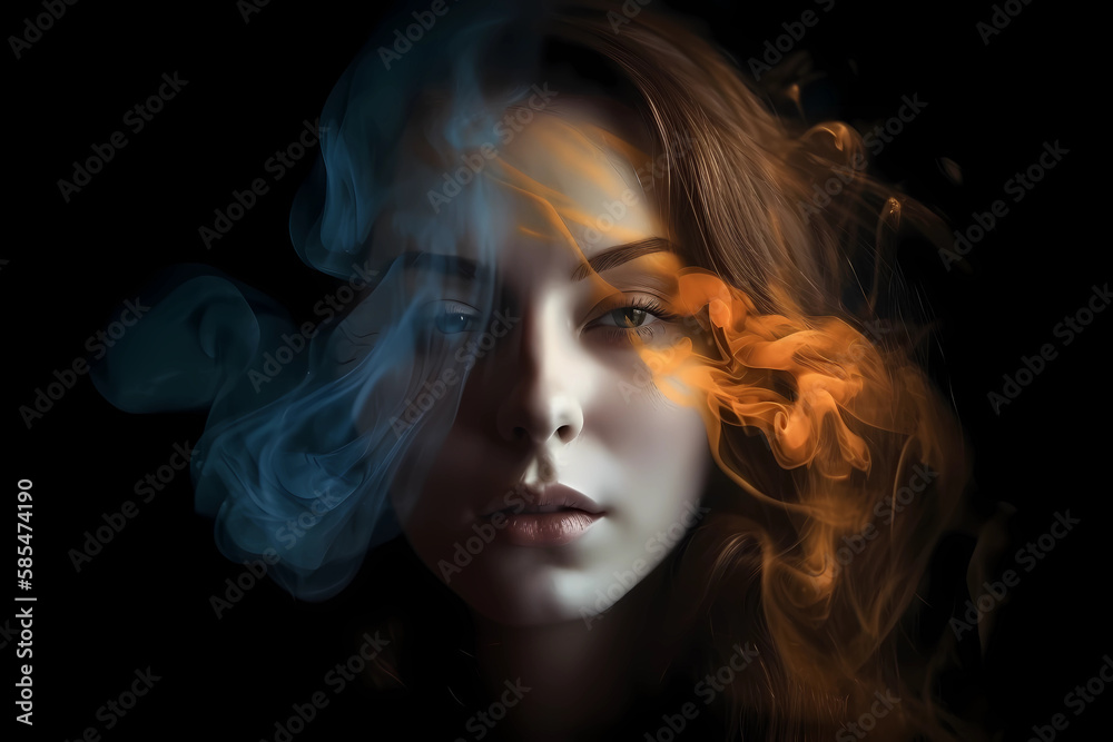 Intense Closeup of a Fantasy Woman with Orange and blue Smoke: Captivating and Mysterious Visuals for Your Creative Projects, Generative AI Intense Closeup of a Fantasy Woman with Orange and blue Smoke: Captivating and Mysterious Visuals for Your Creative Projects, Generative AI