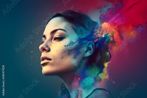 Vibrant Closeup of a Fantasy Woman with Color Splashes  A Stunning Addition to Your Creative Projects  Generative AI