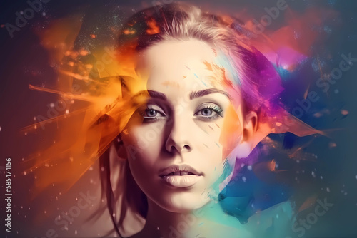 Vibrant Closeup of a Fantasy Woman with Color Splashes  A Striking Visual Element for Your Creative Projects  Generative AI
