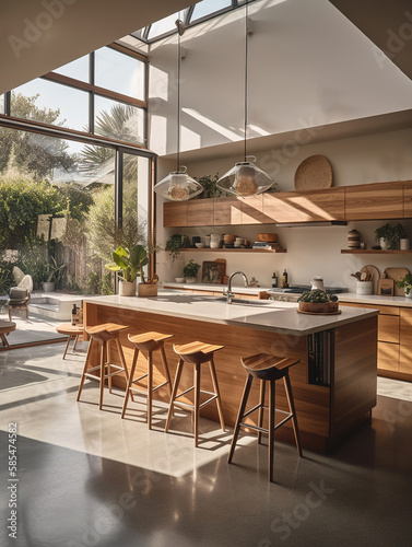 Modern wooden kitchen with a beautiful view to the outside Generative AI