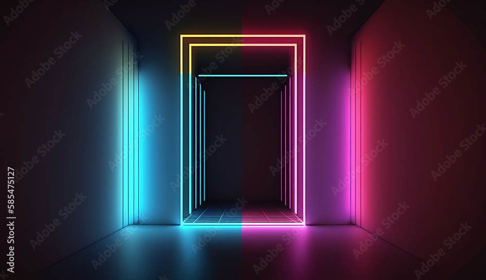 Fototapeta premium retro neon light frame stage room background new quality stock image illustration desktop wallpaper design, Generative AI