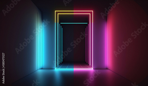 retro neon light frame stage room background new quality stock image illustration desktop wallpaper design, Generative AI