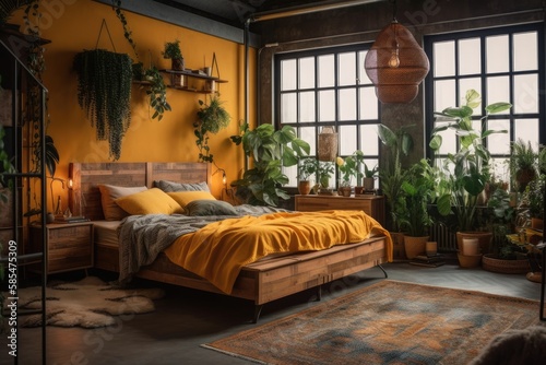 Large and cheerful boho style bedroom in an industrial loft with wooden bed, nightstands, dresser, couch, yellow carpeting, wide windows, and plants. Generative AI