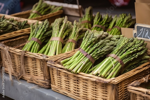 Close-up of fresh green asparagus in rustic wooden crates prepared for transport, generative AI.