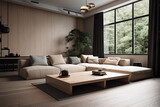 Japanese modern living room in earthy Morandi tones. Modern minimalist interior. Background with contemporary design. Modern interior design. 3D render, generative ai.