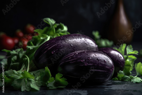 Fresh Eggplants, with salad on the stone Generative AI