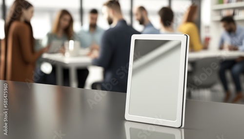 a blank screen tablet mockup, businessman and businesswoman, business office setting, tablet using in an office meeting, AI generated