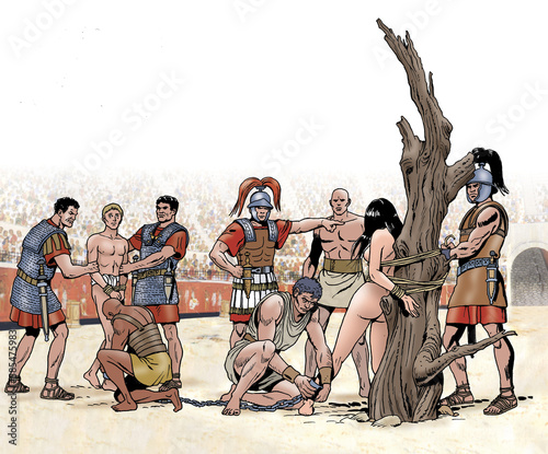 Ancient Rome - Roman soldiers tie prisoners to a tree in a Roman amphitheater during games
