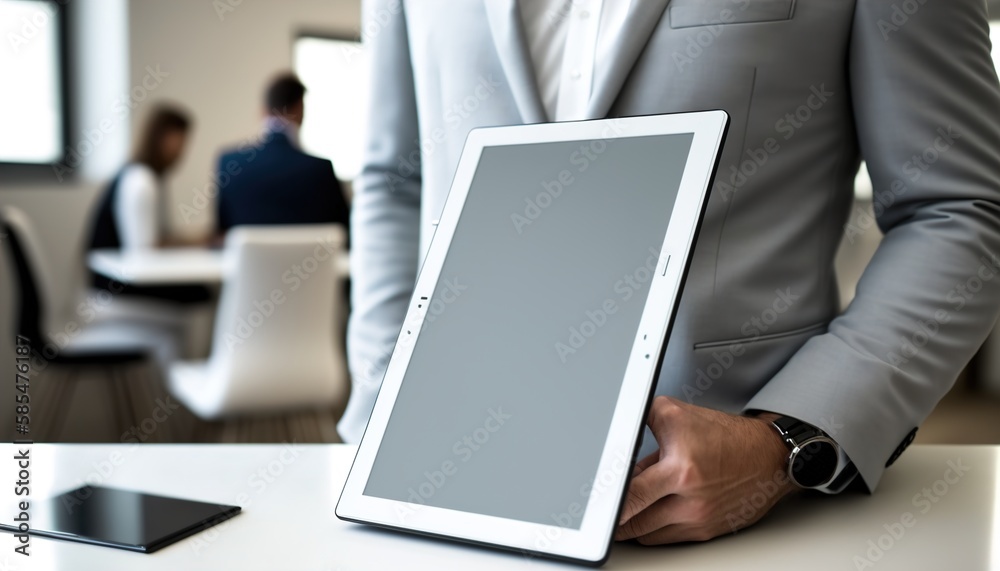 a blank screen tablet mockup, businessman and businesswoman, business office setting, tablet using in an office meeting, AI generated a blank screen tablet mockup, businessman and businesswoman, business office setting, tablet using in an office meeting, AI generated