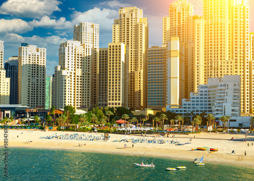 View on Dubai Marina, camels and famous Jumeirah beach in Dubai, United Arab Emirates © vladimircaribb