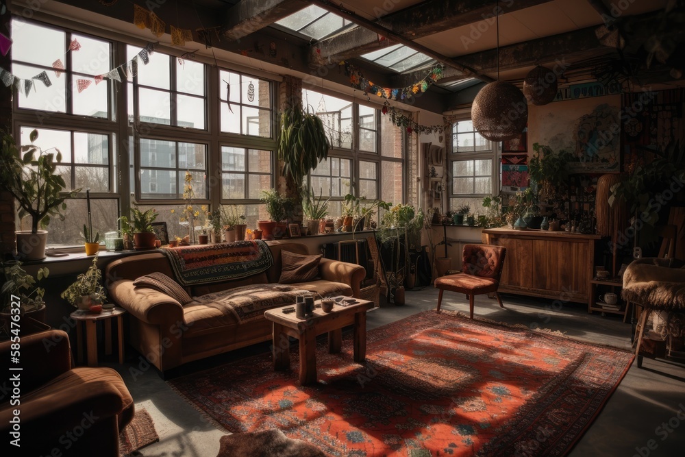 February 2, 2020, Eindhoven, Netherlands. Strijp S's industrial loft. A large, bohemian, contemporary, eclectic living room with bright decorations and plants. Generative AI