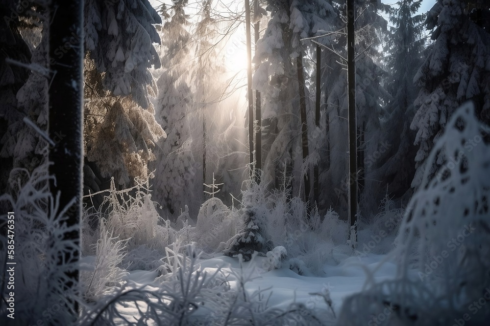 Naklejka premium Winter Forest Landscape with Snowy Trees and Mountains. Background Wallpaper