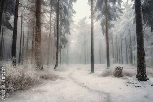 Winter Forest Landscape with Snowy Trees and Mountains. Background Wallpaper