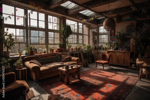 February 2, 2020, Eindhoven, Netherlands. Strijp S's industrial loft. A large, bohemian, contemporary, eclectic living room with bright decorations and plants. Generative AI