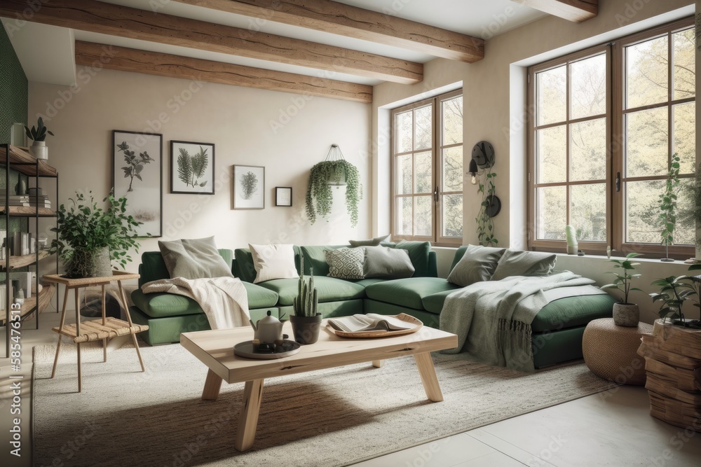 White and green japandi living room. Fabric couch, beams ceiling