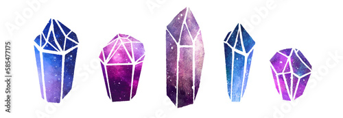 Watercolor colorful Crytal Gemstones isolated on white background
