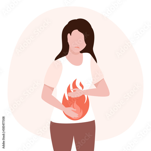 Woman hurts stomach and intestines. Suffering from stomach burns with pain. Healthcare and medicine concept. Vector illustration.