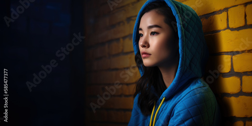 Asiatische Frau im blauen Hoodie vor gelber Wand, Generative AI photo