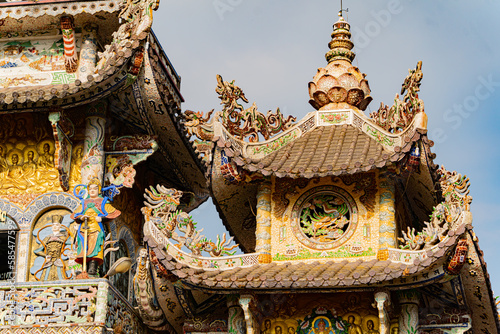 Buddhist glass pagoda. Linh Phuoc Pagoda in Traimat in Vietnam. 