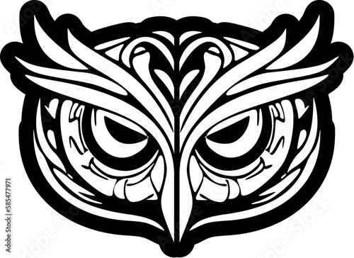 ﻿Black and white owl face tattoo featuring Polynesian designs.