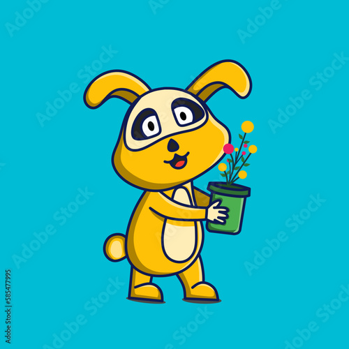 cute bunny and a pot of flowers illustration cartoon