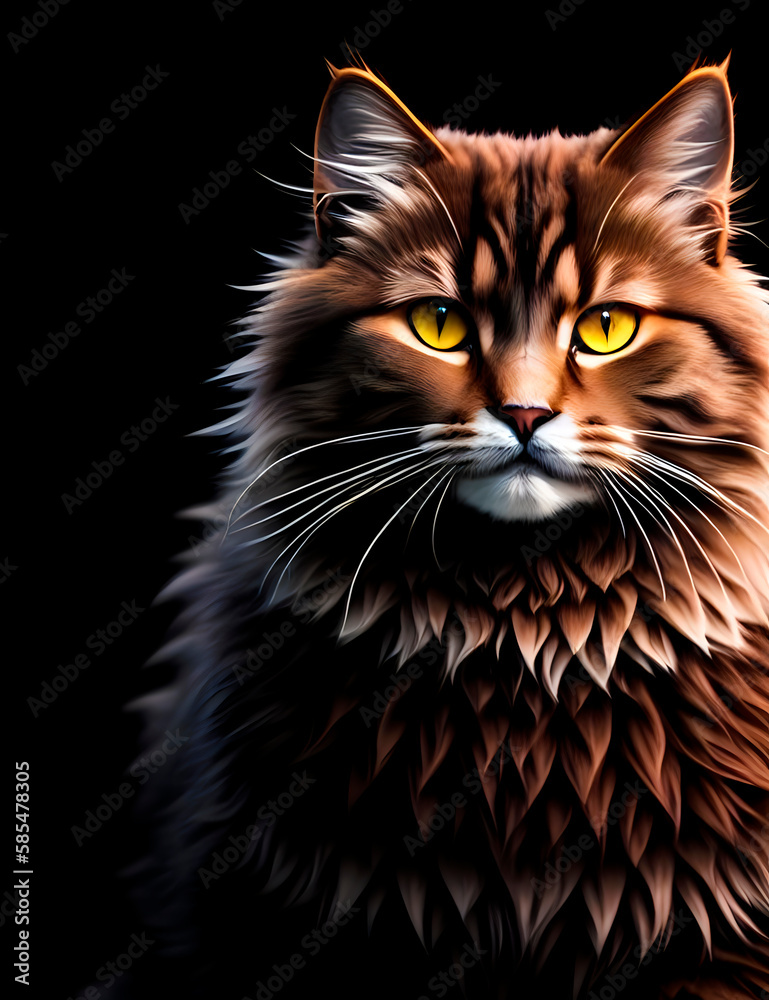 hand drawn fluffy cat portrait, fluffy cat drawn in digital illustration style, generative ai