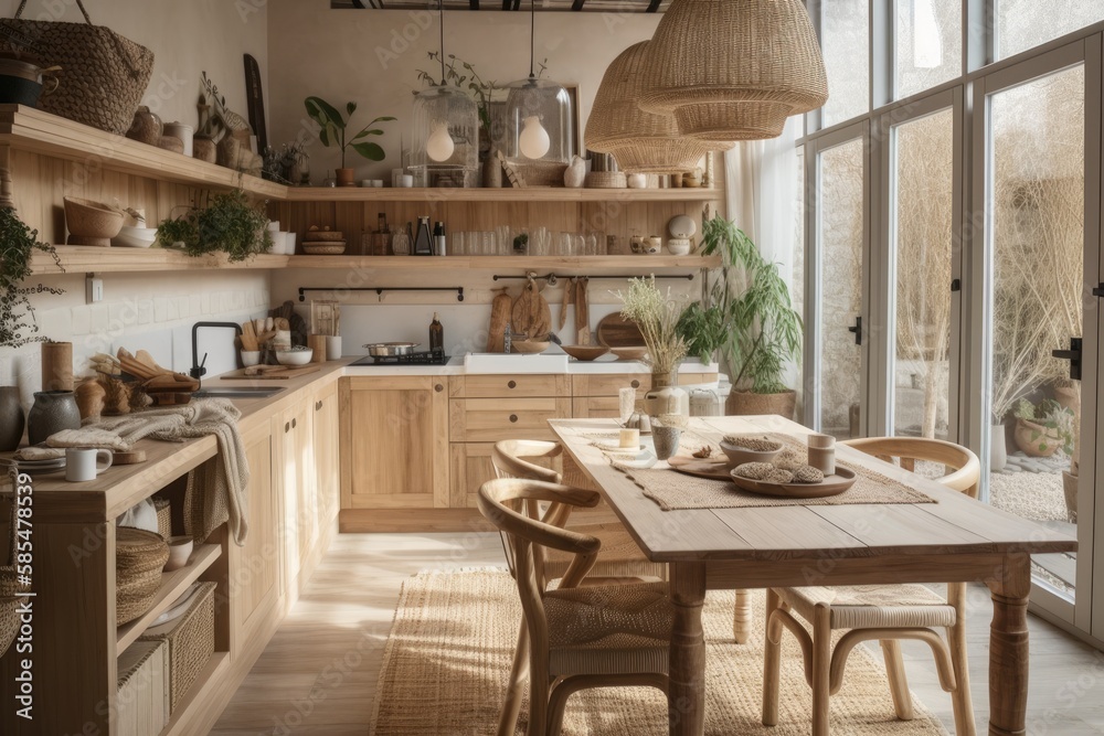 White beige wooden rustic kitchen. Carpet, dining table, appliances. Scandinavian bohemian decor. Plan, top,. Generative AI