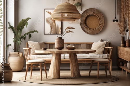 Boho chic dining area with circular wooden table, design chair, brown couch, commode, mock up poster frame, pendant light, tea pot, decoration, and stylish accessories. Interior design. Generative AI © AkuAku