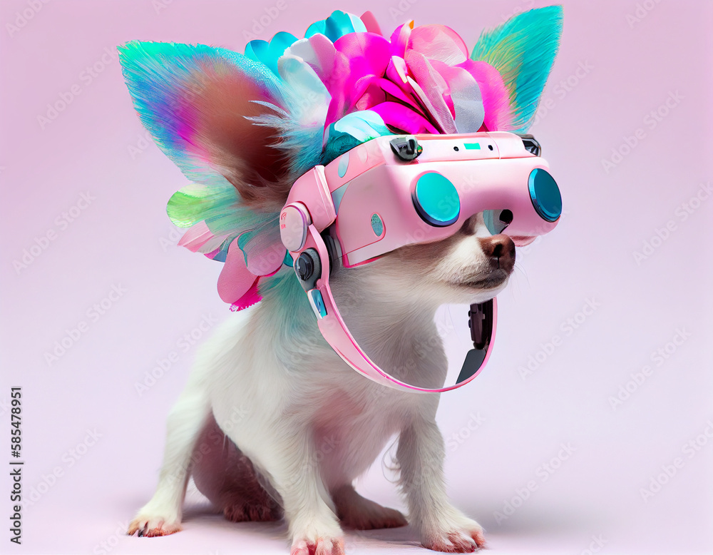 Fashionable chihuahua dog with flowers wearing glasses