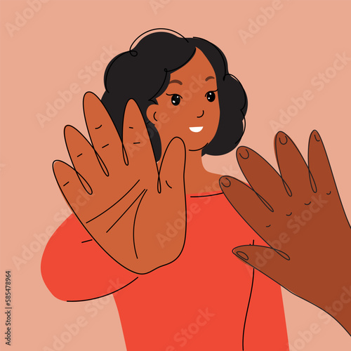 Woman high five to another person. Teamwork. Woman greets with her hand. Moment of success. Person is satisfied with the result of the work. Woman is proud of herself.