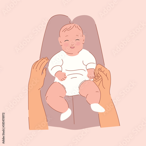 Newborn baby lying on his back on his mothers knee. Baby lies on mother's lap. Concept of family, motherhood, childcare. Happy mother's day card. Happy mom looking at her child. Point of view shot.
