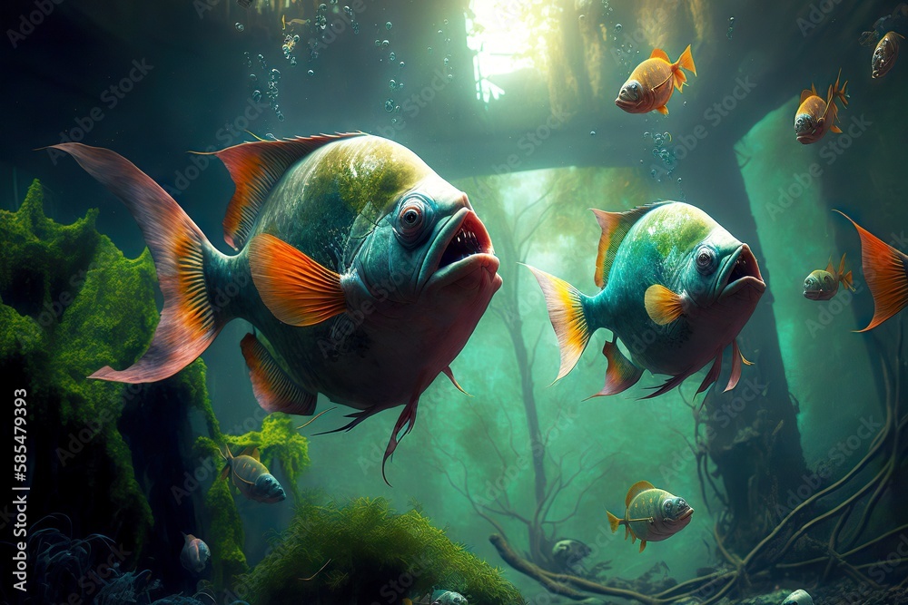 piranhas with frightening appearance and open toothy mouth float along ...