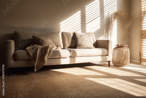 Attractive sunshine shadow reflections on neutral wall with abstract artwork. Sunny stylish house living room interior design with comfy lounge couch, cushions, straw mat. Generative AI