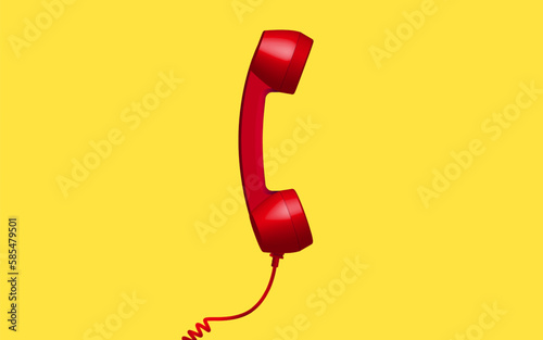 3d red vintage phone receiver isolated on yellow background. Retro analog telephone handset. Old communicate technology. Vector illustration