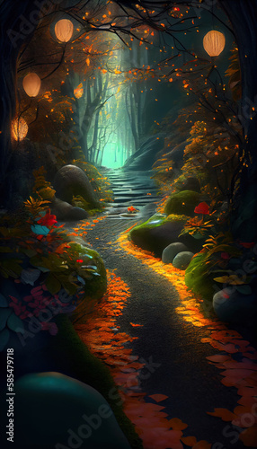 Gloomy Fantasy Path in Forest Scene at Night with Glowing Lights Autumn Flowers AI Generative