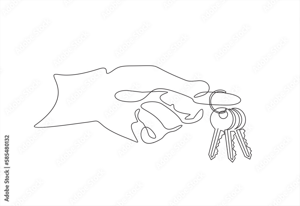 Continuous line drawing. The hand holds the key. Lines black on white background. Continuous line drawing. The hand holds the key. Lines black on white background.