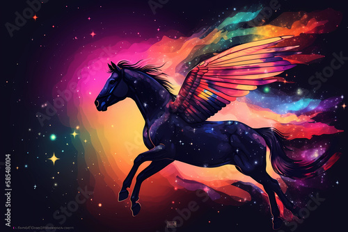 Mesmerizing Fantasy Horse with Majestic Wings Soaring Through a Dazzling and Colorful Galaxy - Perfect for Adding an Element of Wonder and Whimsy to Your Creative Projects  Generative AI